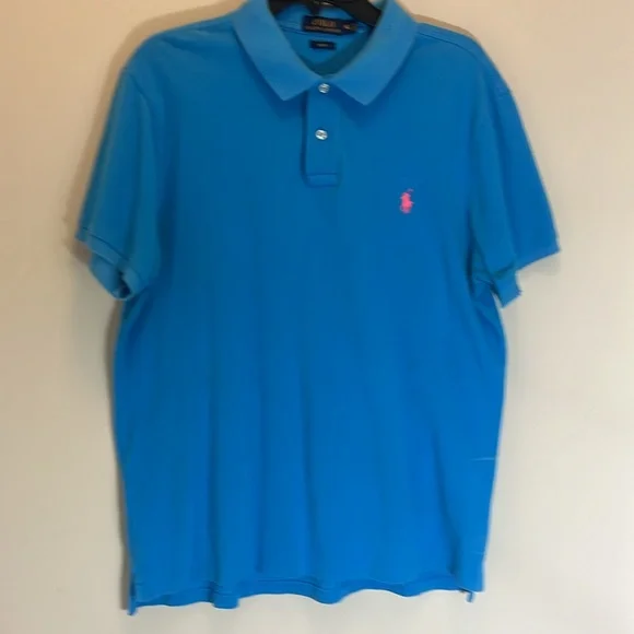 POLO by Ralph Lauren Blue with Pink Pony Slim Fit Short Sleeve Size XL - Picture 4 of 7